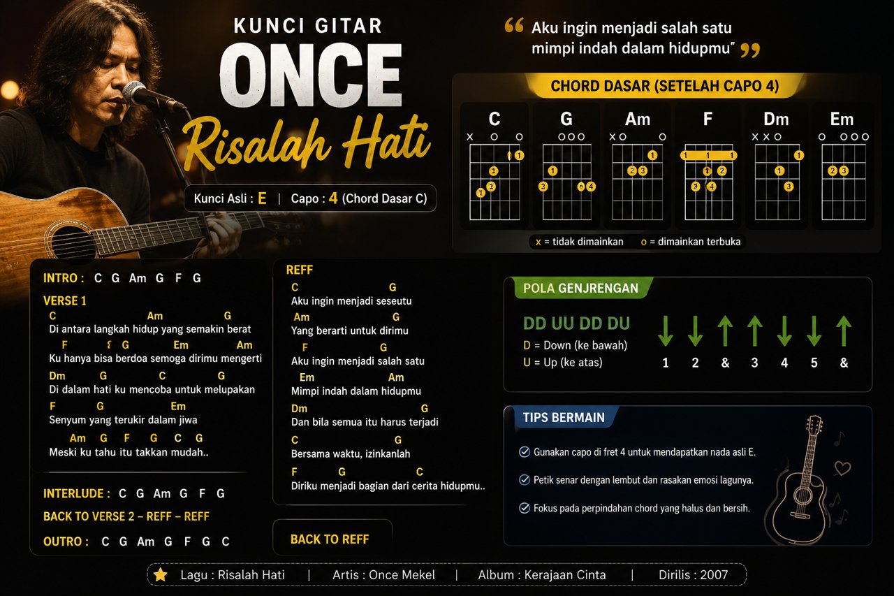 Kunci Gitar Once Risalah Hati Mudah Dimainkan Pemula